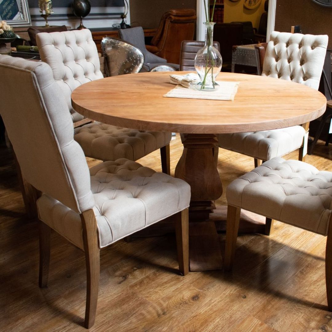 Victoria Reclaimed Elm Round Dining Table 1.2m + 4 Casa Linen Dining Chairs Set image 0